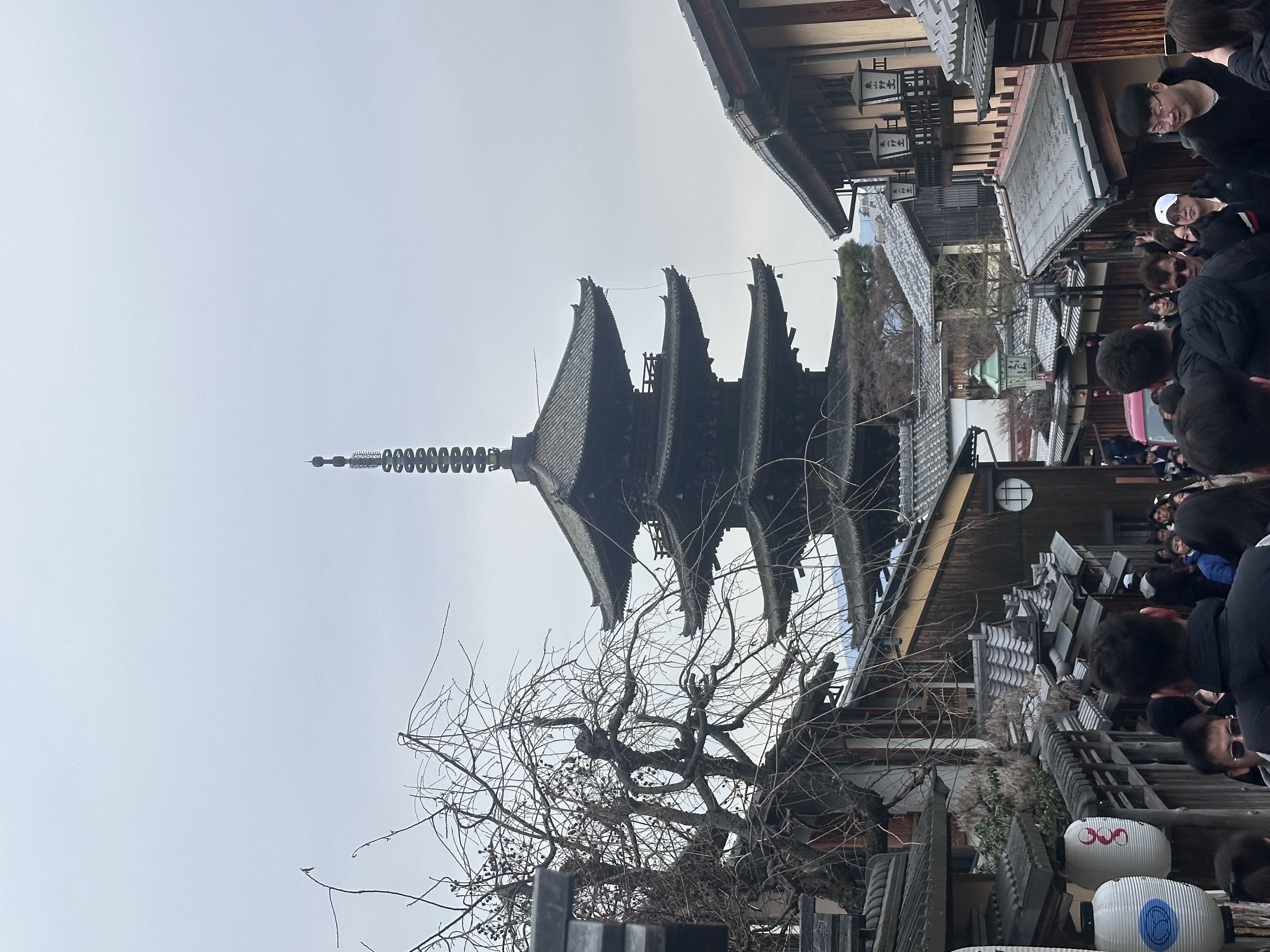 A pagoda above traditional rooftops and a lively street